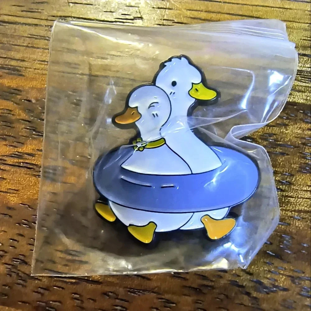Funny duck goose white blue stuck swimming cute tube enamel pin jewelry women's